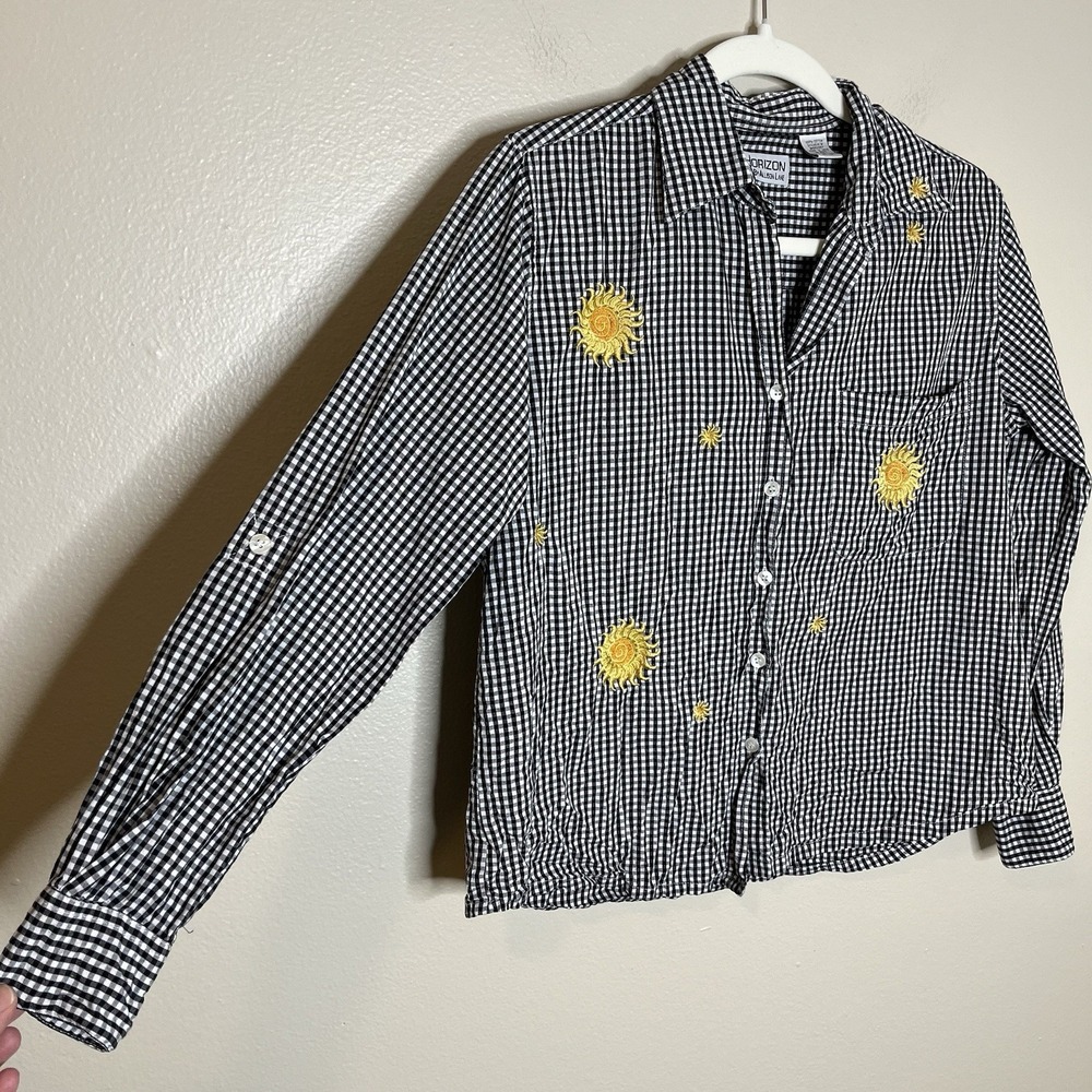Women's Vtg Button 100 cotton‎ Gingham Plaid Sun Floral Embroiderd Boho Preppy M
